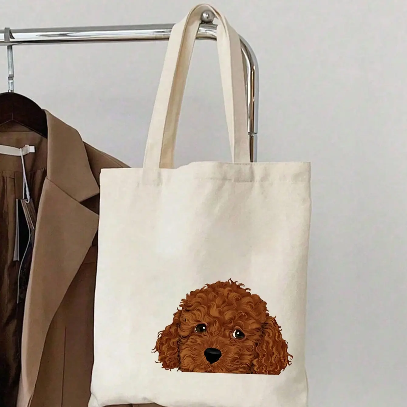 Fashionable Poodle Print Linen Handbag, Reusable Women's Shoulder Bag, Large Capacity Shopping Backpack, Perfect Gift for Teachers and Friends