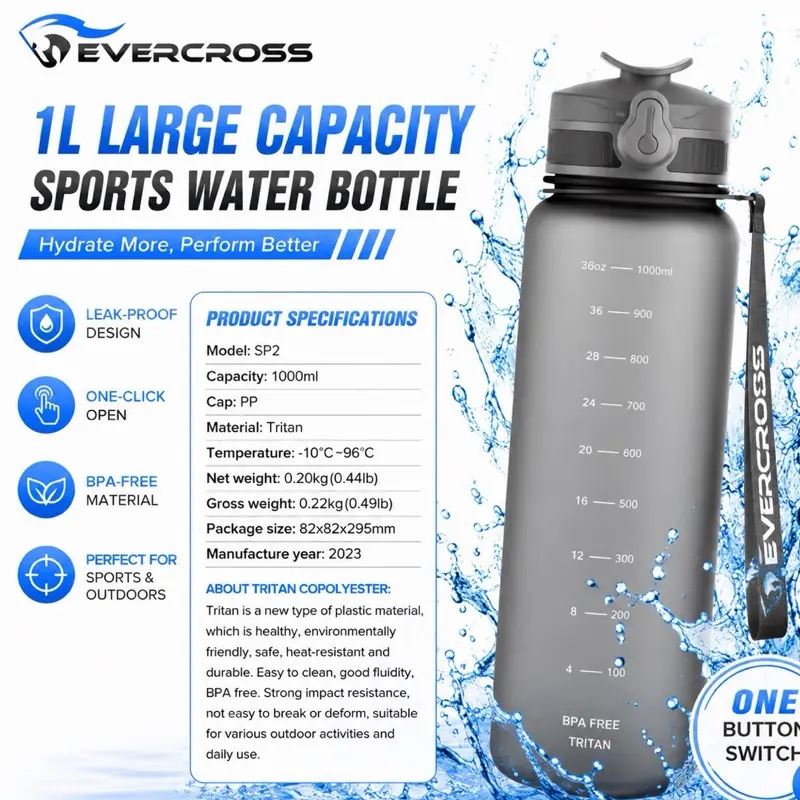 Unisex 1L Large Capacity Sports Water Bottle - gray, 1-Button Switch, Leak-Proof, Washable, Compact Bottled Outdoor Gear for Cycling