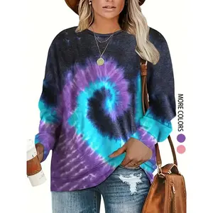 Plus size women's tie dye long sleeved pullover, autumn and winter vibrant print, round neck, polyester blendRAIMENTRY