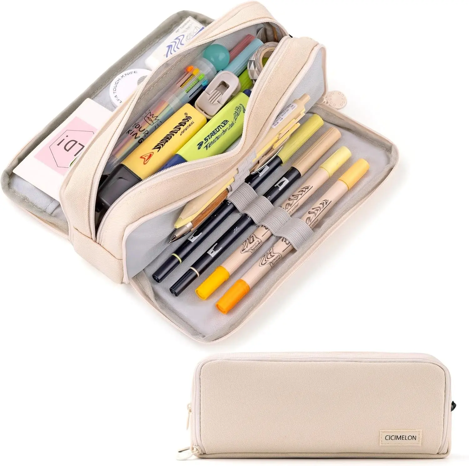 CICIMELON Large Capacity Pencil Case 3 Compartment Pouch Pen Bag for School Teen Girl Boy Men Women (Beige) Gift