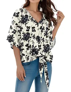 Women Tie Front Tops Sexy V Neck Short Sleeve Boho Shirts Summer Floral Chiffon Work Blouses