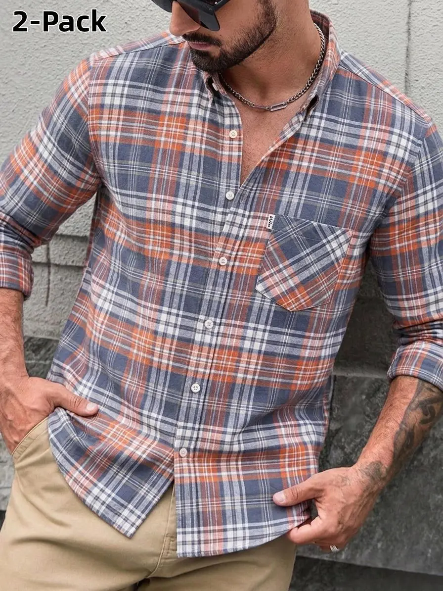 Men's 2-Pack Checked Long Sleeve Shirts with Chest Pocket, Casual Button-Down 100% Cotton, Soft Wrinkle-Resistant Menswear