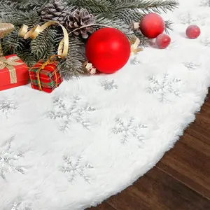 Christmas Tree Skirt 72 Inch, Silver Snowflake White Christmas Tree Decorations Indoor Sequin Tree Collar Faux Fur Plush Rug Xmas Large Mat Decor Ornaments for 7.5ft-13ft Tree