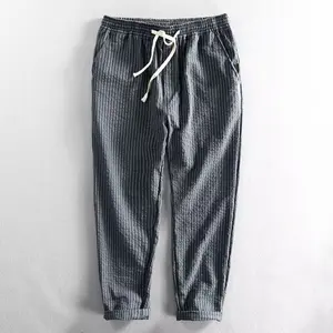 Men’s linen pants for summer, made from cotton-linen fabric—casual and comfortable. Japanese retro striped pants suitable for everyday wear and home use. summervibes