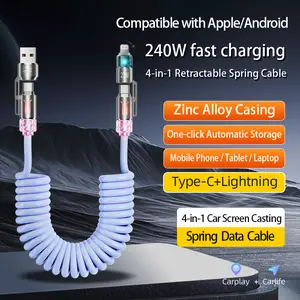 2026 Upgraded 240W Fast Charging Cable with RGB Light & Fragrance 4-in-1 Telescopic Spring Design 2m Length for iPhone Samsung Motorola CarHomeOffice Smartphone Cellphone Retractable Fast Charger Retractable Cord