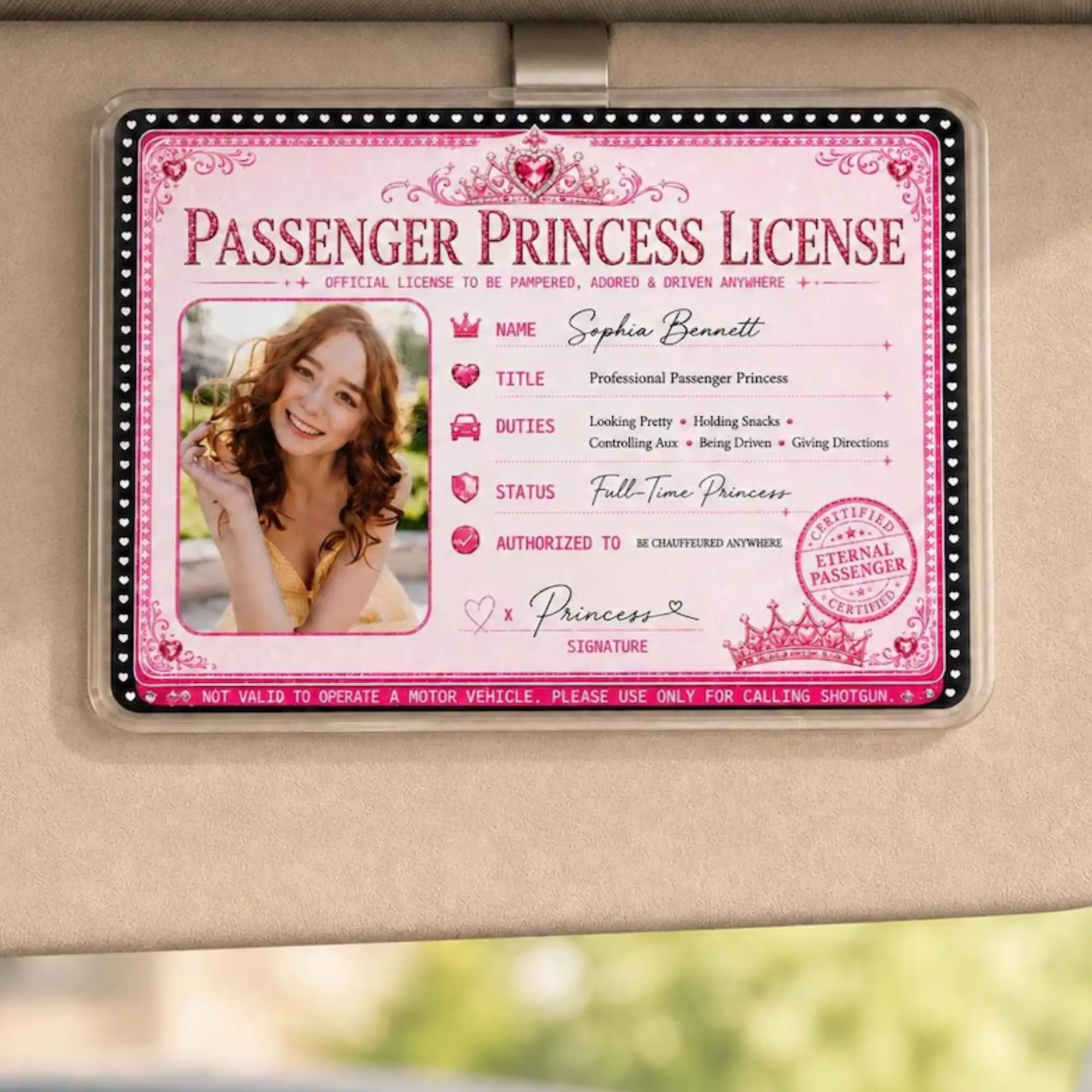 Personalized Passenger Princess Car Visor Clip, Custom Photo License ID Card, Funny Acrylic Car Accessory Gift for Girlfriend Wife