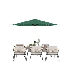 9 ft Patio Market Umbrella with 32 Solar Powered LED Lights 8 Ribs Tilt and Crank UV Resistant Waterproof for Outdoor Garden Pool Deck Backyard Table Use Tan Beige Navy Blue