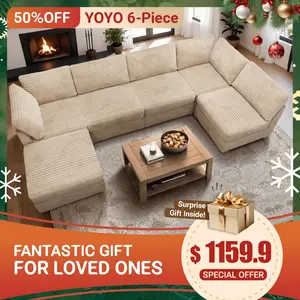 【6 Packages Shipping】Ovios 131" Modular Sectional Sofa Couch  with Ottoman, U-Shaped Minimalist Couches with 2 Oversized Chaise, L-Shaped Modern Deep Seat Cloud Plush Corduroy Sofas Set for Living Room, 6 Seater