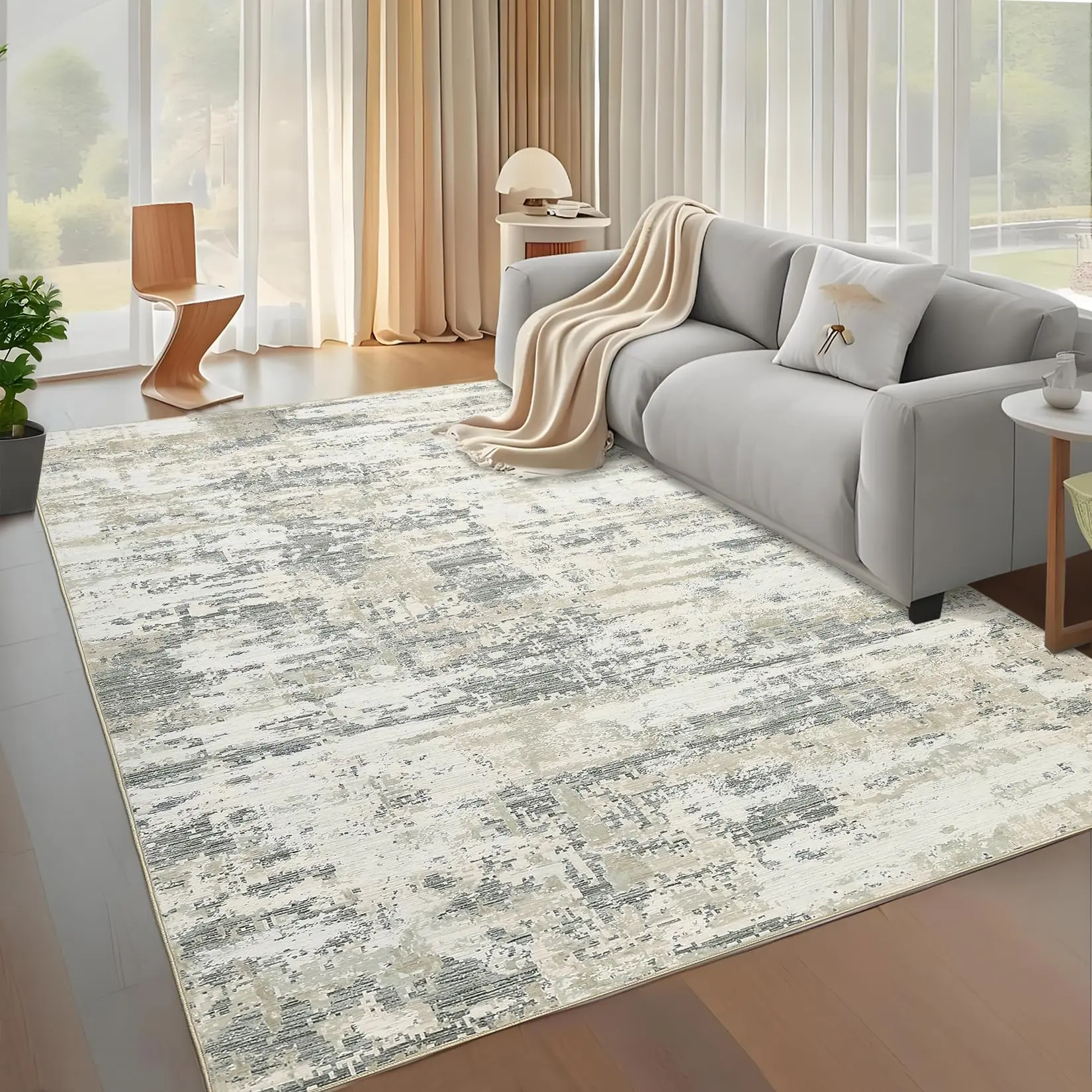 GARVEE 10x13 Extra Large Living Room Area Rug, Washable Modern Abstract Design, Low Pile Non-Slip Floor Carpet, Indoor Contemporary Throw Rug for Bedroom, Dining Room, Cream Beige, Foldable and Thin