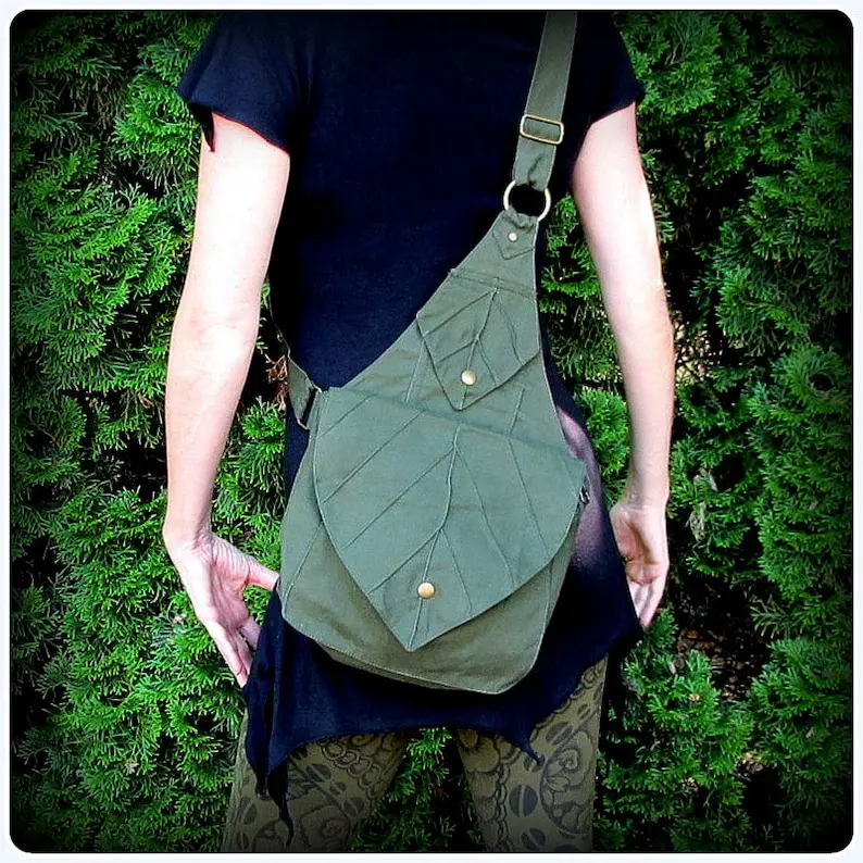 Leaf Backpack Book Messenger Bag ~ Renaissance Fair Crossbody purse ~ Elven Forest LARP cosplay, Fantasy Garb Yule, cottagecore