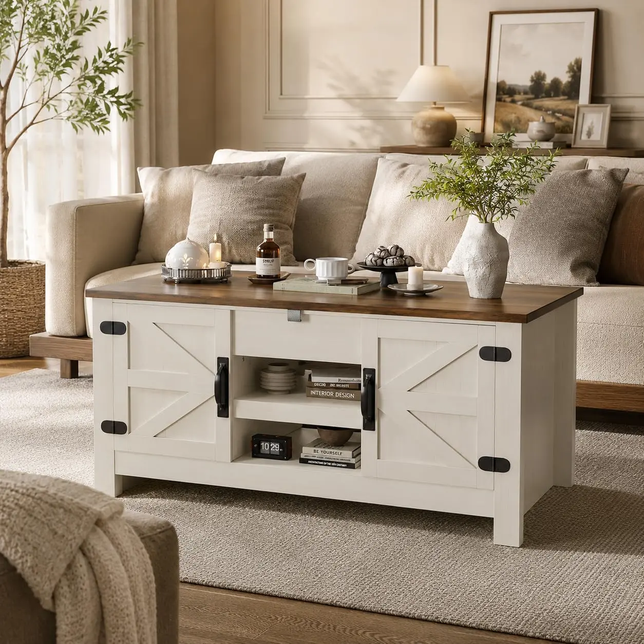Aoxun Farmhouse Lift Top Coffee Table with Barn Doors, 48 Inch Rustic Coffee Table with Hidden Storage Compartment, Open Shelves & Drawer, Wooden Center Table for Living Room, White