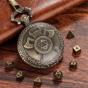 Vintage Helmet Axe D20 Pattern Empty Pocket Watch Case with FOB Chain, Includes 7 Mini Metal Polyhedral Dice, D4/D6/D8/D10/D12/D20 Gaming Dice for Indoor Entertainment Tabletop Role-Playing Game