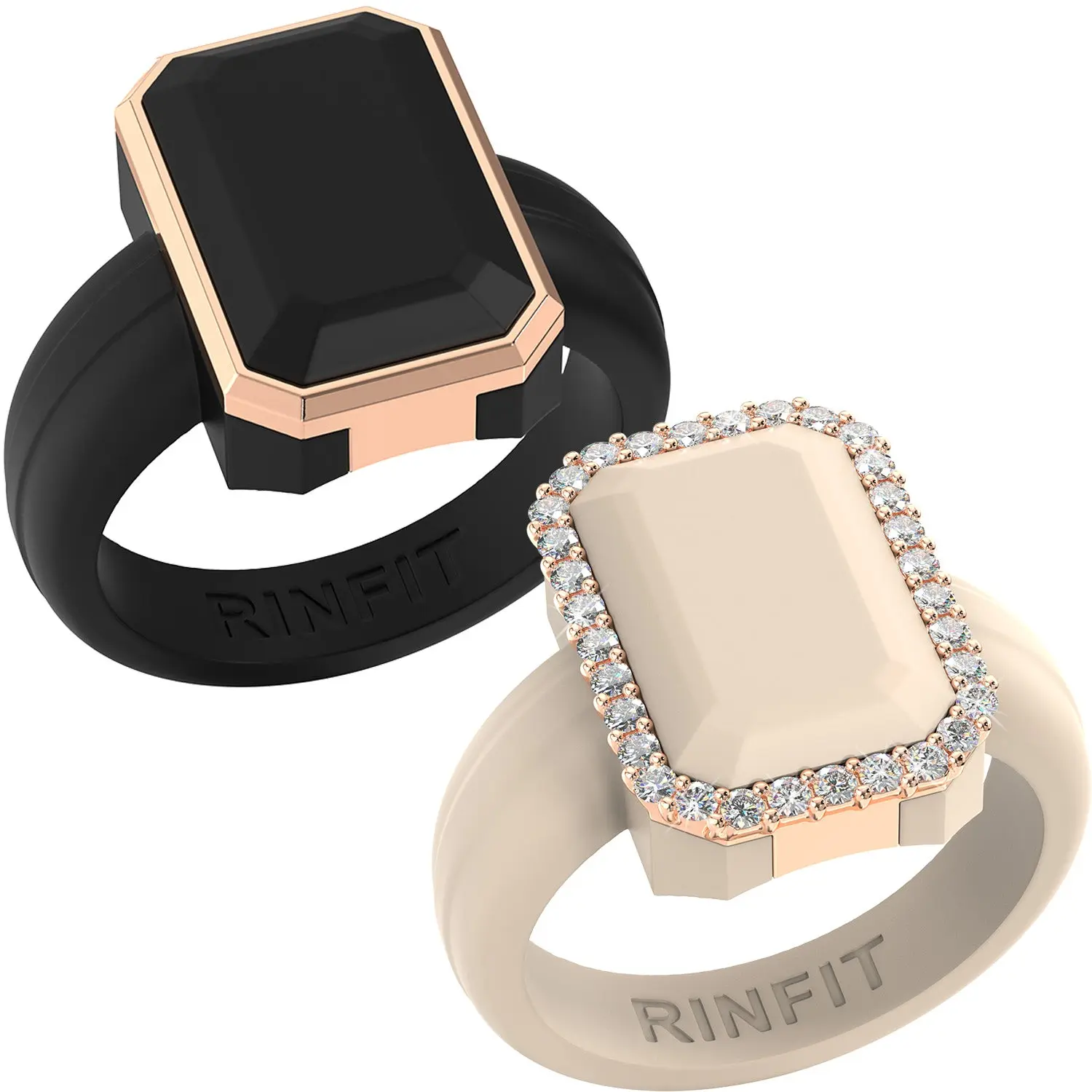 Emerald Silicone Rings with Metal Frame & CZ Stones - 2 Rings Set Emerald Silicone Rings with Metal Frame & CZ Stones - 2 Rings Set