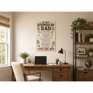 To My Stepped‑Up Dad Family Built On Heart Vintage Footprint Vertical Canvas Wall Art, American Farmhouse Step‑Dad Father’s Day Memorial Vertical Poster