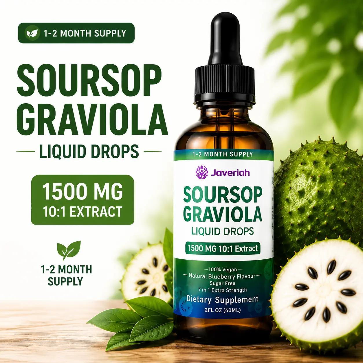 Javeriah Organic Soursop Graviola Liquid Drops Supplement - Sea Moss, Vitamin-Infused, Natural Supplements with Healthy Ingredients, Sugar-Free, Gluten-Free for Immune Boost, Cell Support, 2-Month Supply (60ML)