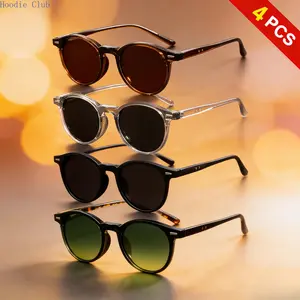 4-Pack Vintage Round Oval Sunglasses for Men and Women, Retro 90s Aesthetic UV400 Protective Shades Set, Lightweight Classic Unisex Eyewear for Driving, Street Photography, Travel & Daily Fashion Wear