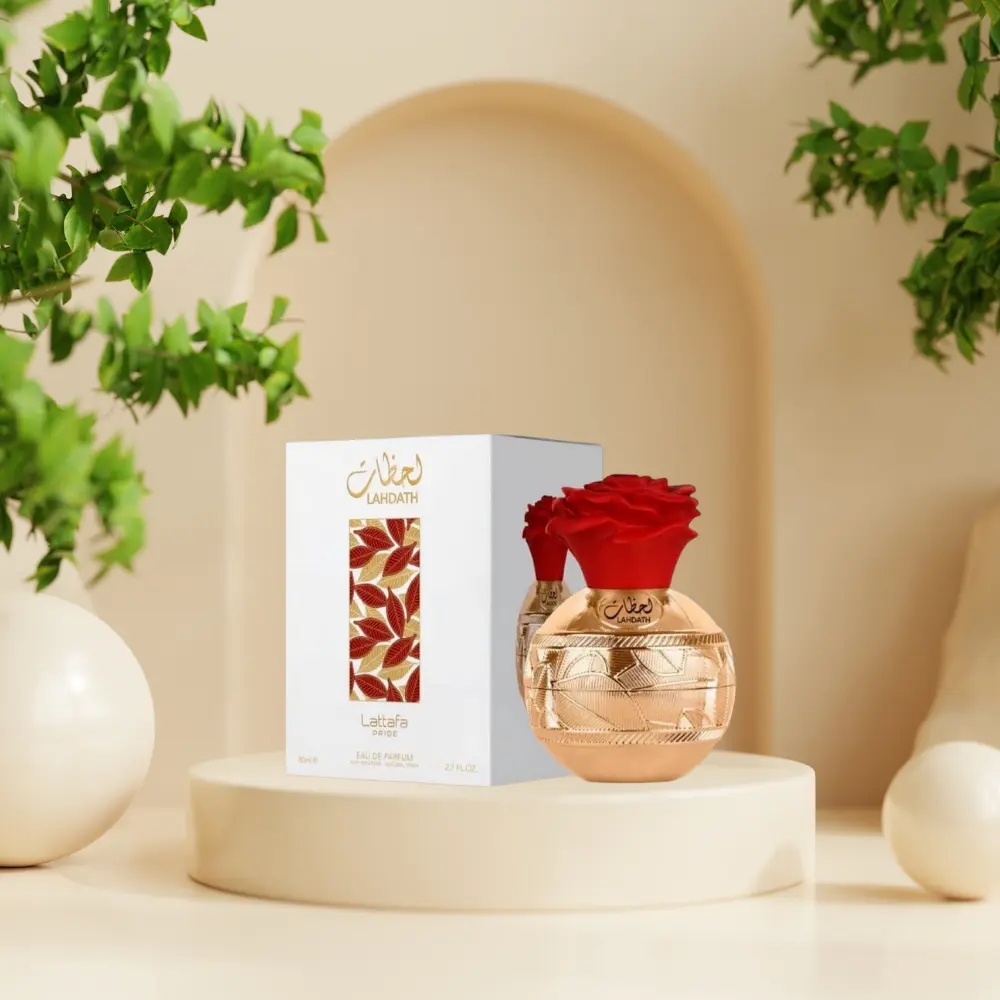 Lattafa Perfumes Lahdath for Unisex Eau de Parfum Spray 2.7 Ounce Regular Edition Fragrance Bottle with Red Rose Design Luxurious Scent