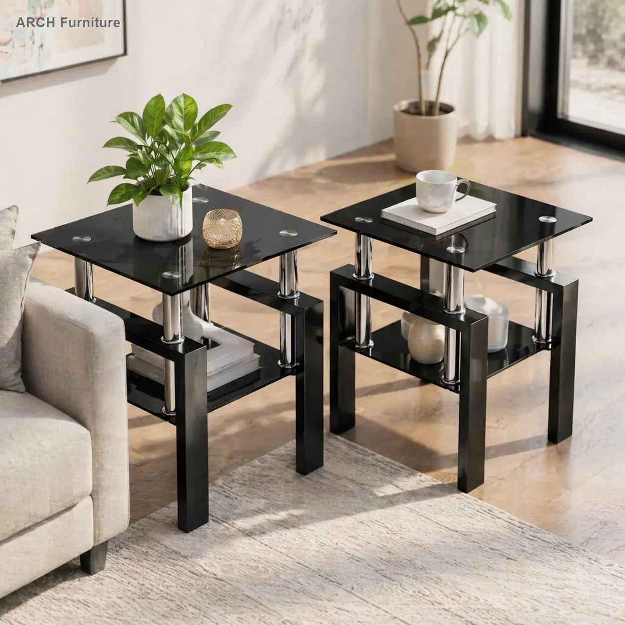 2-Piece Modern Minimalist 2-in-1 Convertible Nesting Accent Tables Set, 17.7x17.7in Square Tempered Glass Top, Load-Bearing Metal Legs, Easy-Setup Modern Furniture for Living Room, Coffee Table Decor