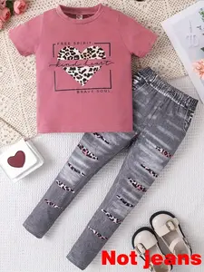 Two-Piece Girls' Casual Set, Letter Leopard Heart Print Short Sleeve T-Shirt, Denim-Look Long Pants, Summer for Kids