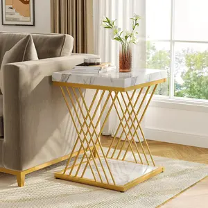 LITTLE TREE Square End Table White Gold 2-Tier Side Table Modern Small Bedside Tables with Storage for Couch, Sofa Chairside Tables with Stylish Metal Frame for Living Room(1, Faux Marble White+Gold)
