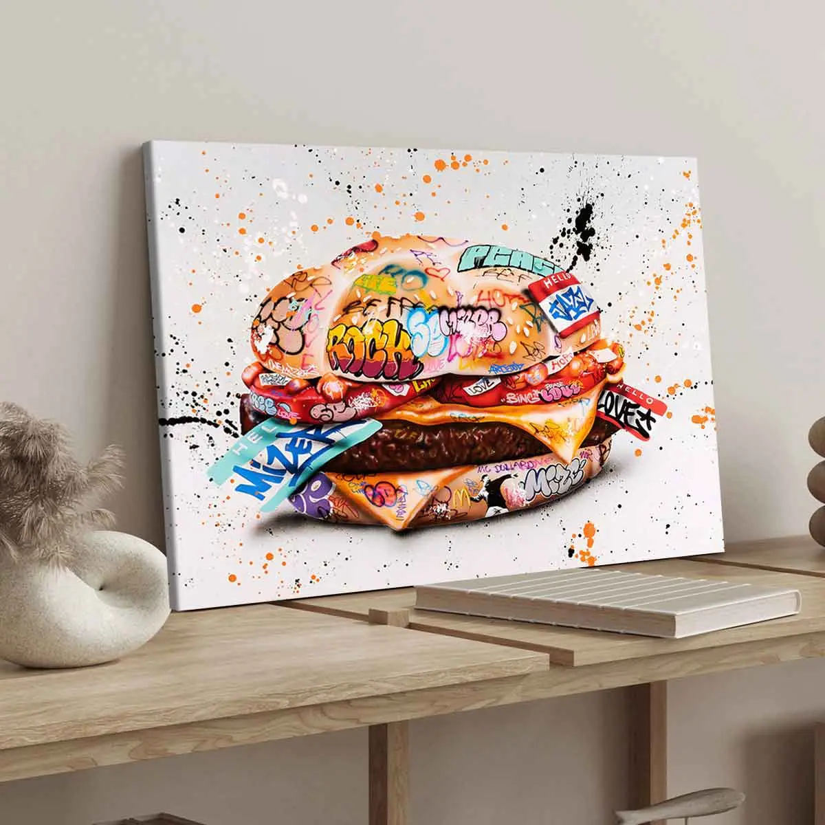 Wooden Frame Canvas Poster, Canvas Painting, Graffiti Style Burger Art Print, Modern Wall Decor, High-Definition Home Decoration, Ideal Gift Idea