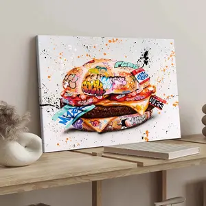 Wooden Frame Canvas Poster, Canvas Painting, Graffiti Style Burger Art Print, Modern Wall Decor, High-Definition Home Decoration, Ideal Gift Idea