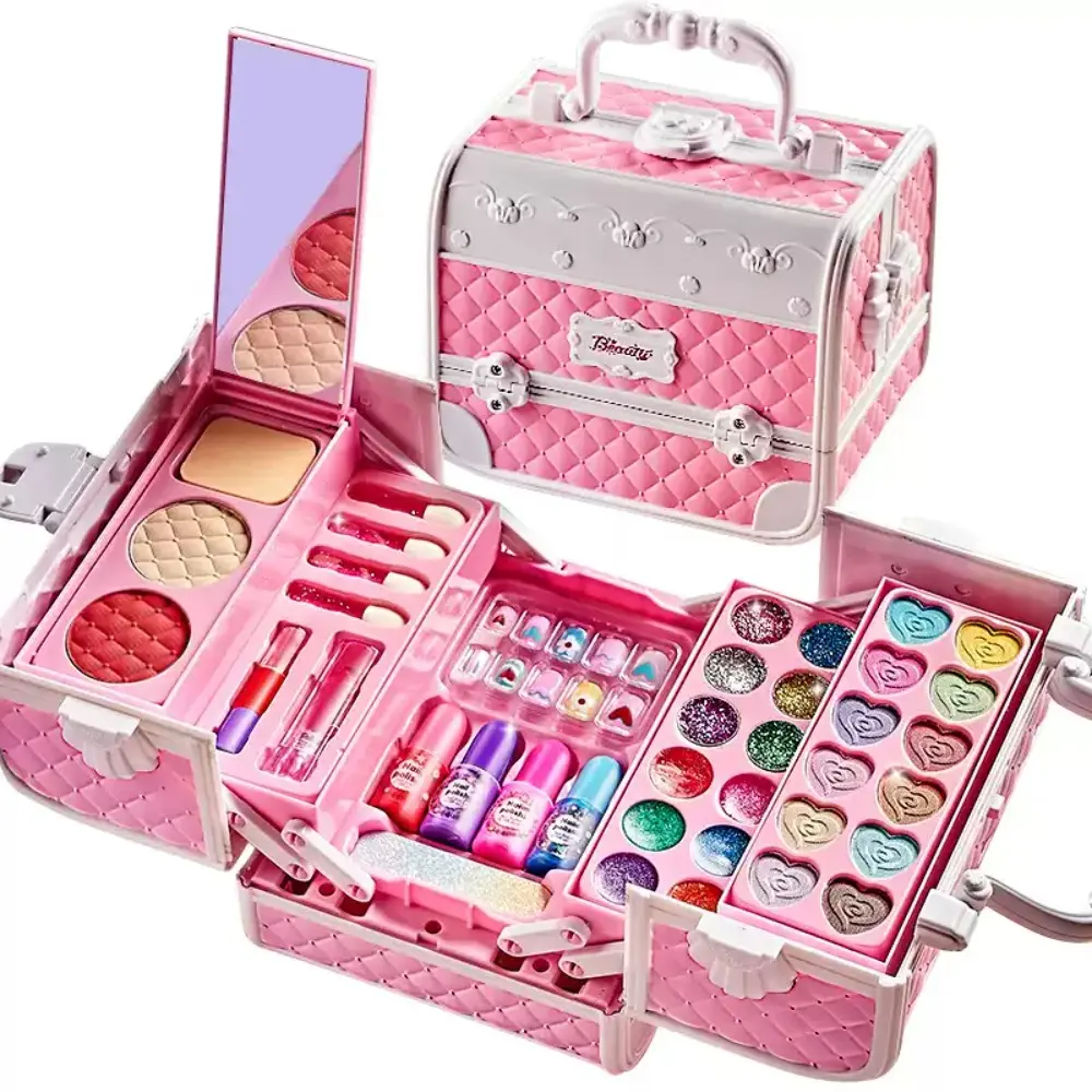 Kids Washable Makeup Kit - Pretend Play Cosmetic Set with Brushes, Lip Glosses, Decoration, Portable Case, Princess Dress Up Toy for Birthday Parties, Boosts Creativity, Builds Confidence
