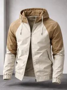 Men's Hooded Drawstring Stand Collar Colorblock Patchwork Jacket, Casual Sporty Fitted Big Pocket Workwear, Long Sleeve All Seasons