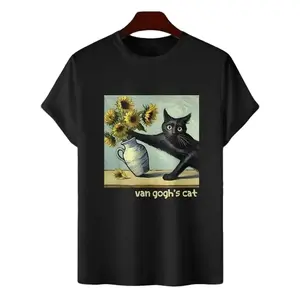 100% Cotton Stylish Van Gogh Tee Black Cat Sunflower Art T-Shirt Unisex Golf Gift T-Shirt For Men Women