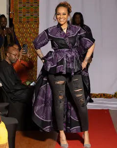 Chic Purple High-Low Ankara Blouse with Black Accents