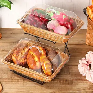 2 Pack Wicker Bread Basket for Serving, Imitation Rattan Bread Basket with Acrylic Lid and Metal Display Stand Rectangle Woven Fruit Basket with Cover for Food Display Tabletop 13.78 x 9.84''