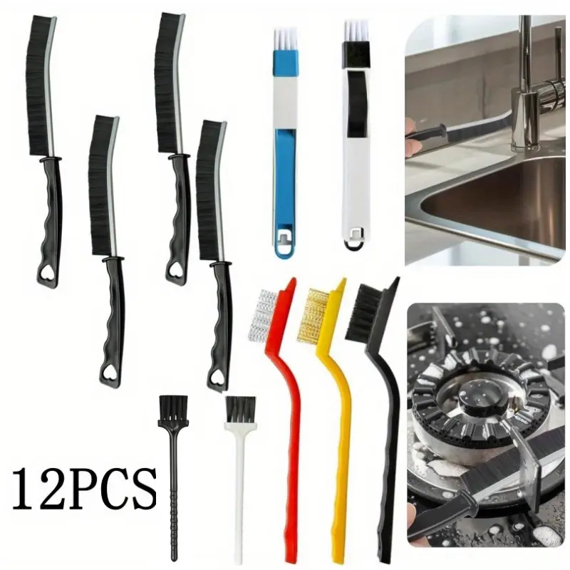 12pcs Handheld Household Steel Cleaning Brush Set - Ergonomic Handle Multi-Functional House Cleaning Tools for Pot, Door Window Track, Kitchen Gaps, Home Use