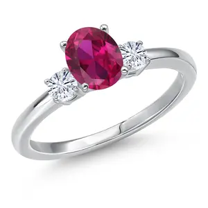 Gem Stone King 14K White Gold 7X5MM Oval Gemstone Birthstone and White Moissanite 3-Stone Engagement Ring | Three Stone Wedding Anniversary Promise Gold Ring For Women  | Available In Size 5-9