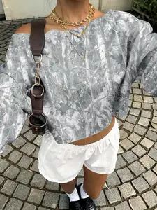 Women's Off-Shoulder Short Sweatshirt, Fashion Branch Print, Loose Fit Round Neck Long Sleeve, Casual Vintage Style for Fall Winter