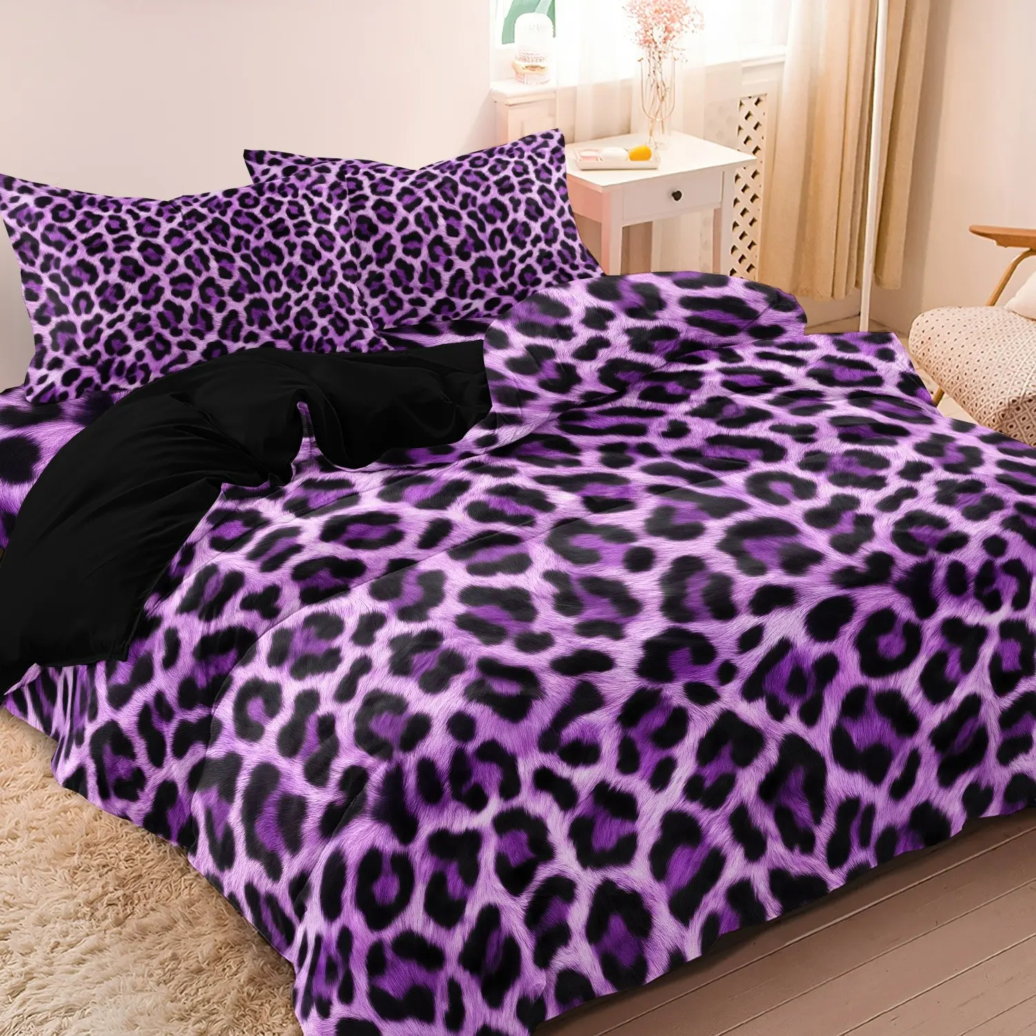 3pcs Purple Leopard Print Fashion Decorative Duvet Cover Set 1 Duvet Cover + 2 Pillowcases Without Pillow Inserts, Four Seasons Home Dorm Theme Bedding Set High-Definition Printed Luxury Bedroom Bedding Set