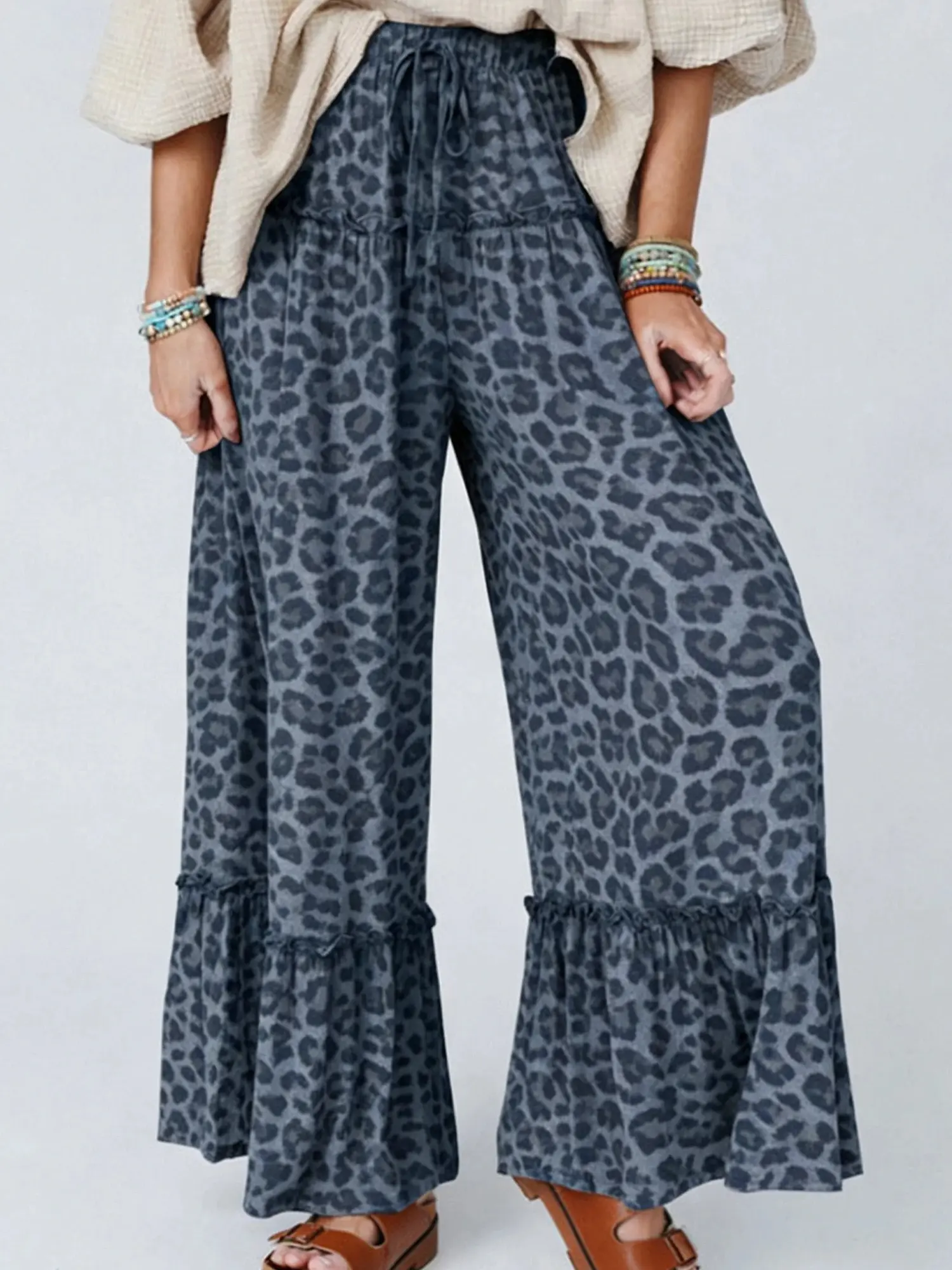 Women's Leopard Print Pants, Casual Flowy Wide Leg Trousers with a Drawstring Waist and Comfortable Ruffle Hem, Bottom, Lady, Baggy, Simple, Style, Comfy Pants, Casual Wear, Daily Wear, Printed Pants
