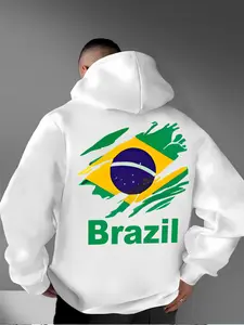 Men's Brazil Flag Graphic Hoodie, Trendy National Pride Streetwear Pullover, Sporty Fitted Design, Fall & Winter Fashion
