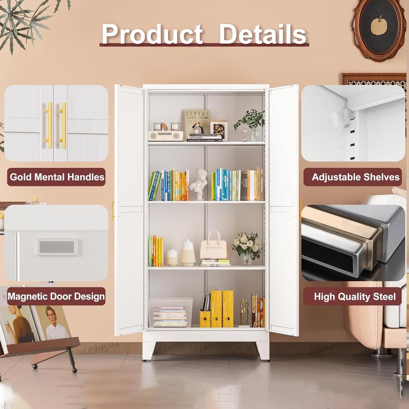 Geitin 47.25" Kitchen Metal Pantry Cabinet with 2 Doors, Adjustable Shelves, Gold Handles, Versatile Storage for Laundry Room,Living Room,Bathroom,Dinning Room