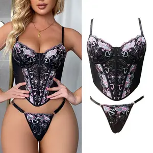 Sexy Lingerie Floral Embroidery Underwear Set Push Up Bra G-String 2 Piece Nightwear