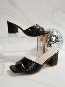 Women's Multicolor Crocodile Pattern PU Leather Summer Retro Fashion Chunky Heel Slip-On Sandals, Casual Party Shoes, PU Leather Slides