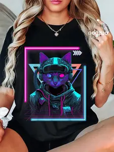 100% Cotton Cyberpunk Cat Kitty Punker | Futuristic Cyber Punk T-Shirt