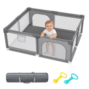 dearlomum 50"x50"/71"x59" Extra Large Baby Playpen with Soft Mesh Fence & Safety Gate for Babies & Toddlers Indoor Safety Yard Easy Assembly Clean Nonremovable Waterproof Mat Black/Gray