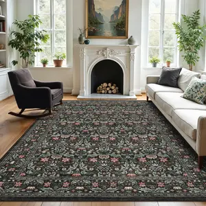 Vintage-style Floral Print Rug Soft Washable Bohemian Non-slip for Bedrooms Dining Offices Farmhouses Entryways Timeless Design Non-slip Backing Easy Clean Cozy Plush Comfort Thin Foldable Storage