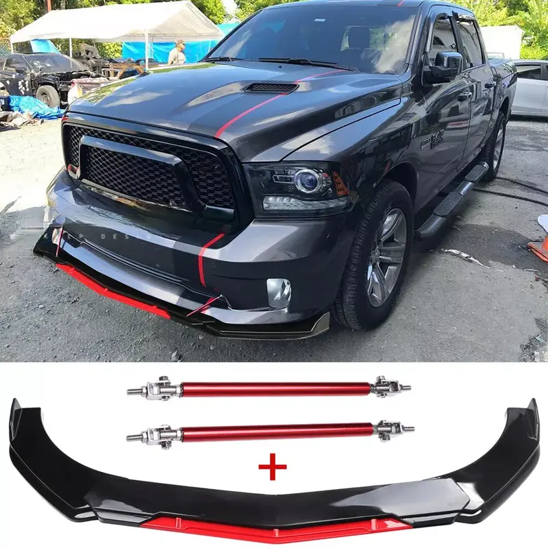 Glossy Black Front Bumper Red Lip Splitter, Spoiler Strut Rods for Dodge Ram 1500 - Automotive Parts, Car Accessories, Accessories for Car