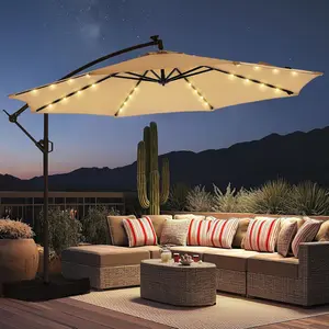 10ft Solar Lights Offset Cantilever Umbrella for Patio - with Light and Base, LED Lighted Offset Hanging Patio Outdoor Market Umbrella UPF50+ UV Protection with Easy Tilt and Crank (Beige), fathersdaygift