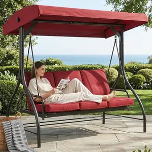 Arlopu 3-Seat Outdoor Patio Porch Swing with Adjustable Canopy & Backrest, Convertible Glider Bed with Stand, Removable Seat Cushion, 45° Tilt Adjustment for Backyard, Poolside, Balcony - 750LBS
