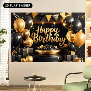 Black and Gold Happy Birthday Party Banner Backdrop Tapestry, Crown Gift Box and Star Pattern Photography Background, Polyester Wall Decor for Living Room Celebration and Outdoor Decoration