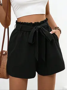 Women's Solid Color Tie Waist Shorts, Casual Comfy Shorts for Summer, Women's Bottoms for Daily Wear, Casual Boho Shorts