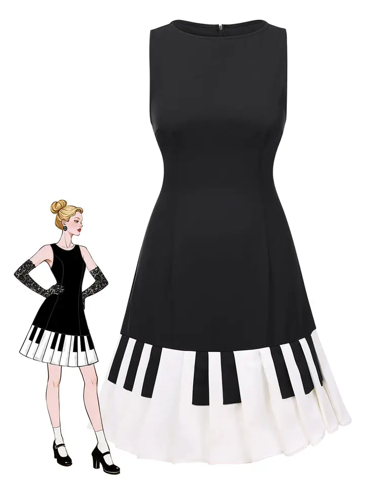 Black 1960s Boat Neck Piano Key Patchwork Dress Homecoming Dress Backtoschool