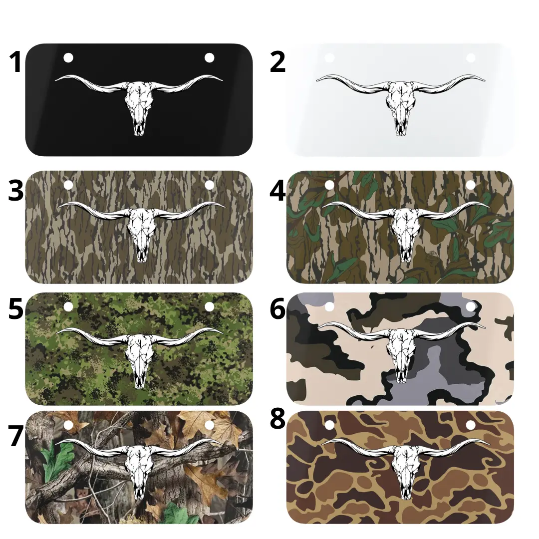 Texas Longhorn Skull Mini License Plate Collection – Black, White, Mossy Oak, Bottomland, Realtree, Duck Camo Aluminum Front License Plates for Car, Truck, ATV & Motorcycle